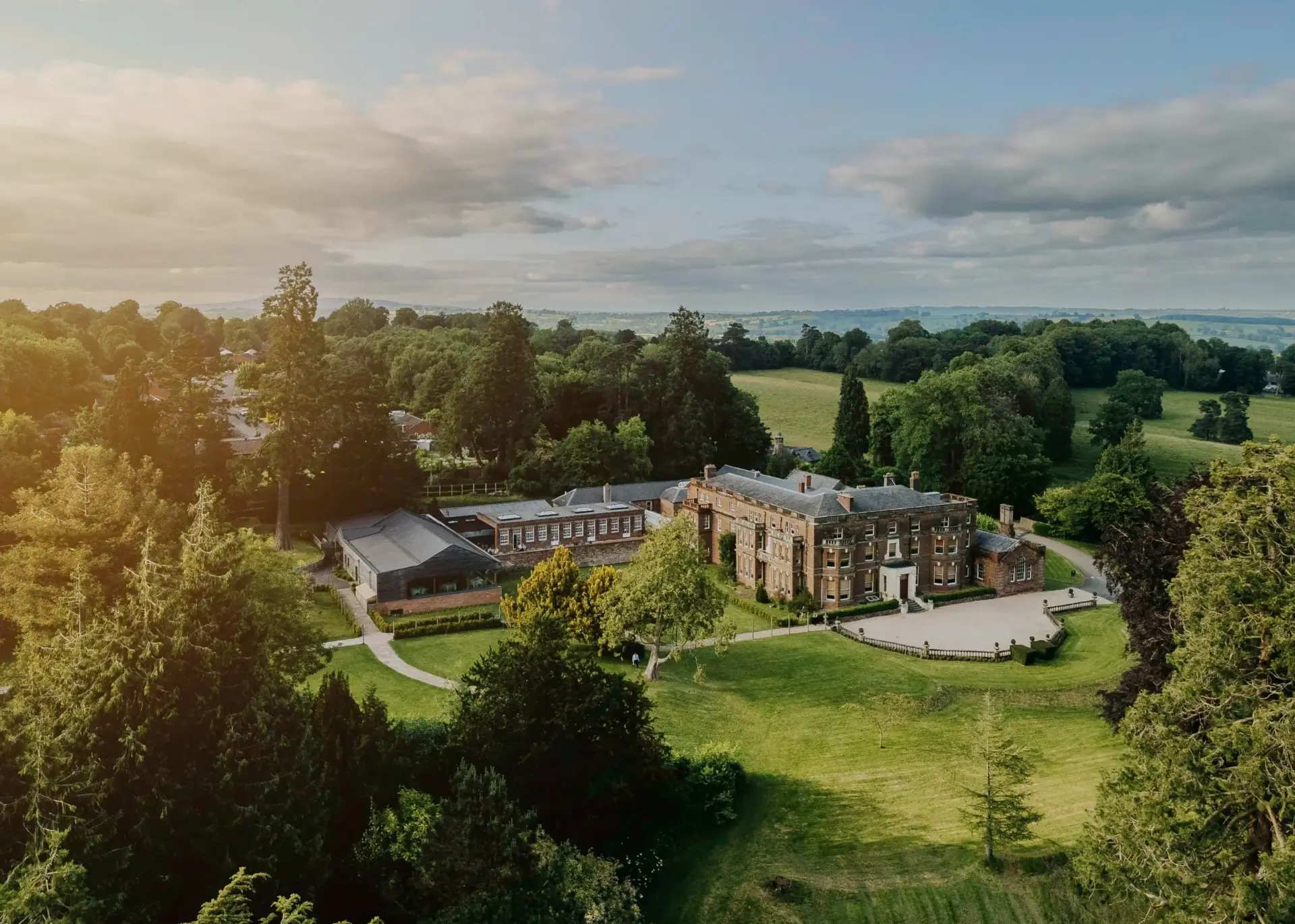 Aerial view of Bredenbury Court Barns at golden hour