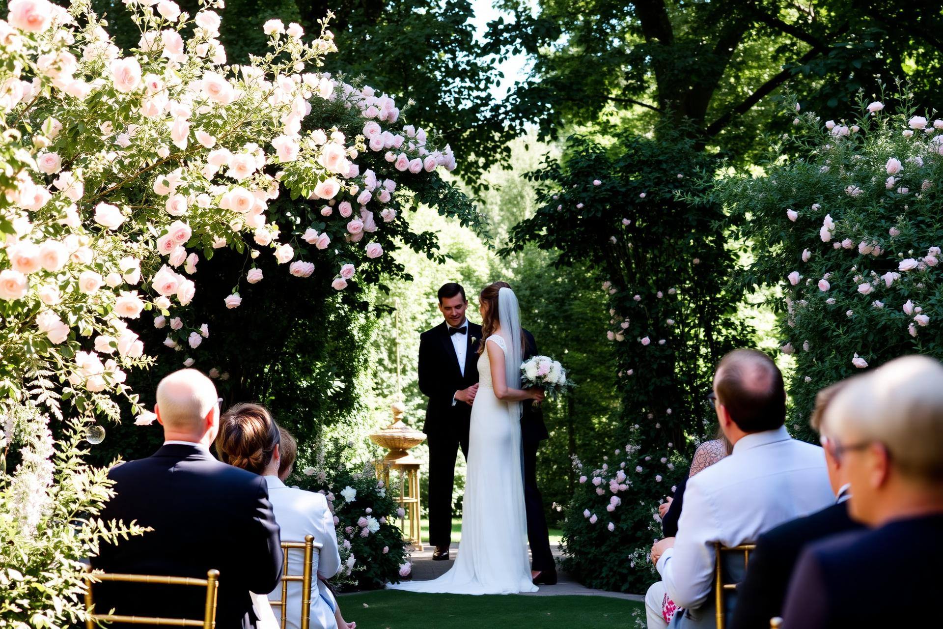 Garden wedding ceremony under a rose-covered arch in an English country garden