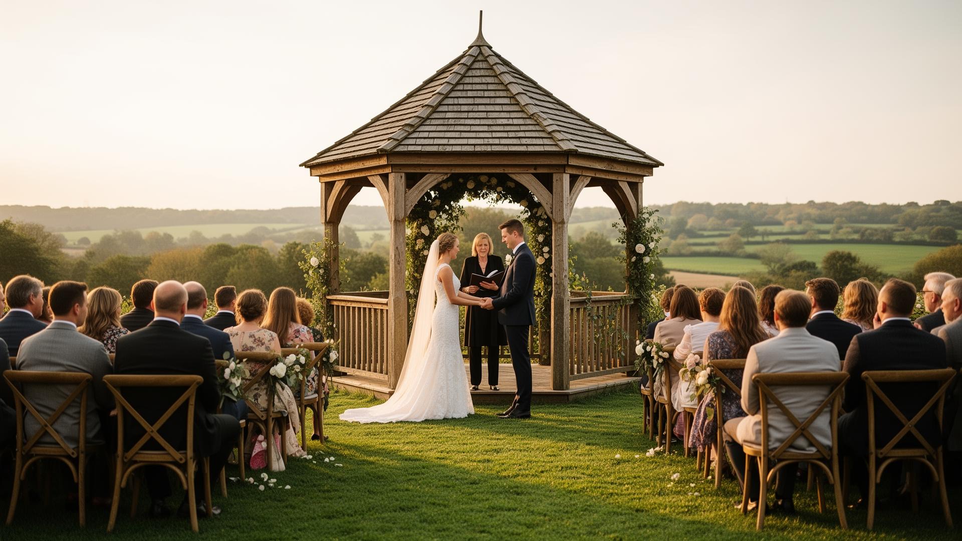 Humanist outdoor ceremony at the West Lawn Gazebo with countryside views