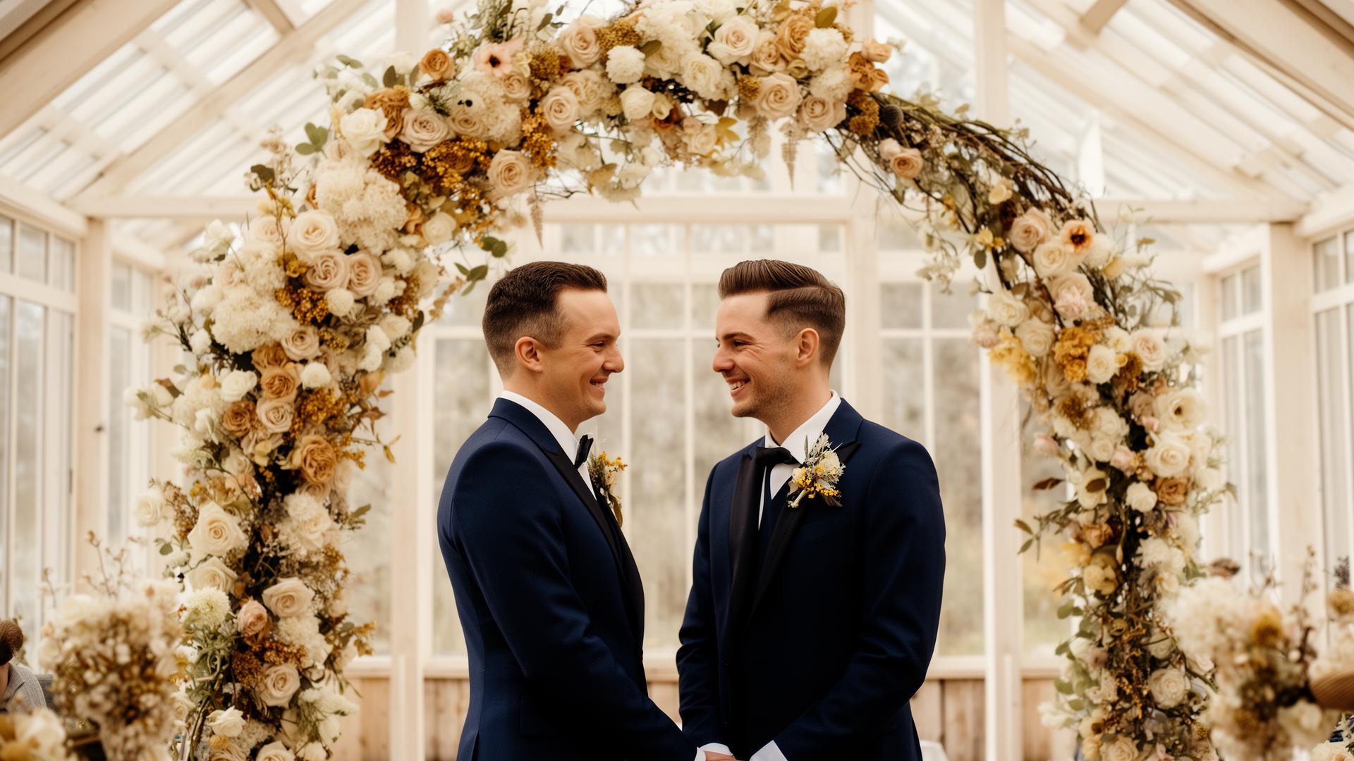 Two grooms holding hands under a floral arch in a light-filled glass barn