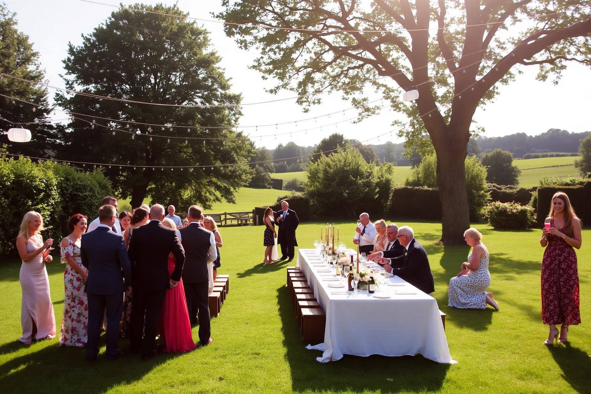 Summer wedding reception outdoors with long banquet table and festoon lights