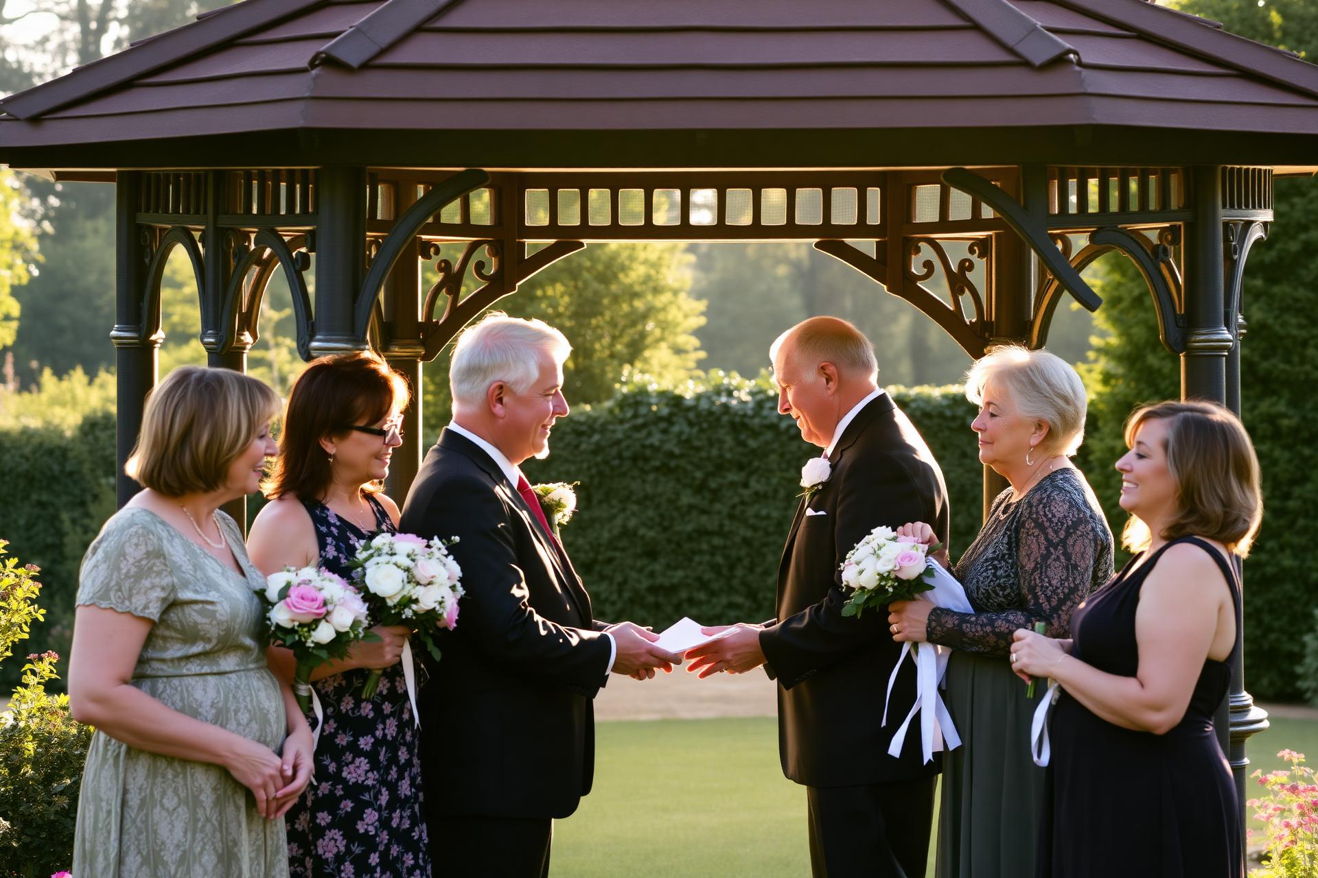 Couple renewing their vows under a garden gazebo surrounded by adult children and grandchildren
