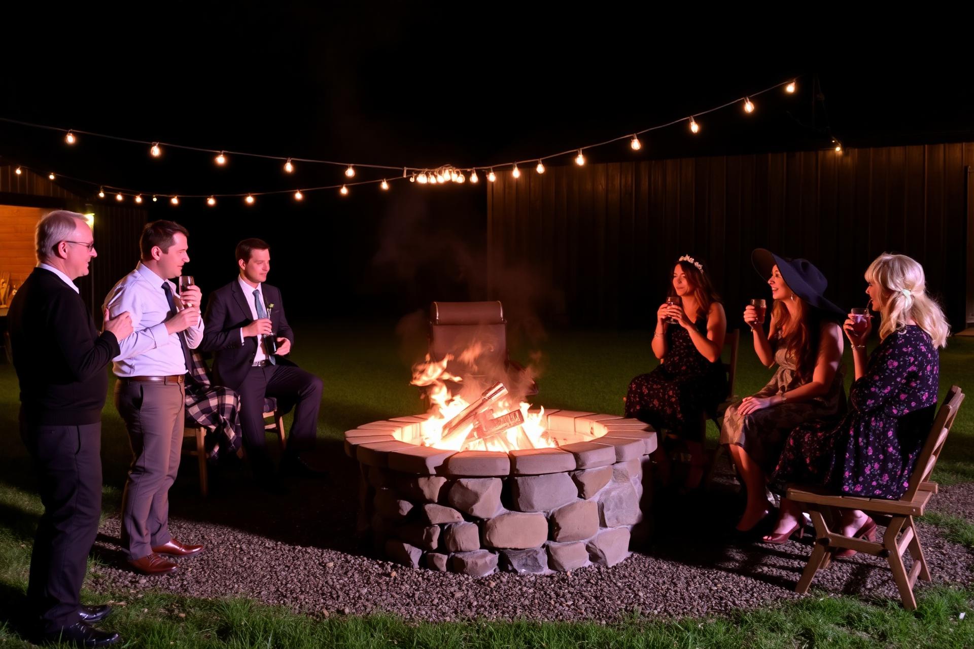 Friends gathered together at night during a weekend wedding stay